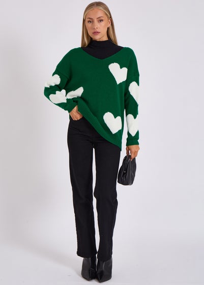 Gini London Green V Neck Oversized Heart Knit Jumper