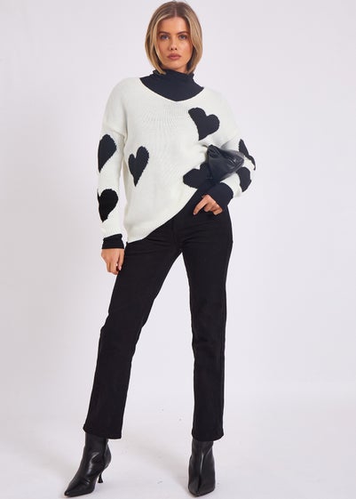 Gini London White V Neck Oversized Heart Knit Jumper