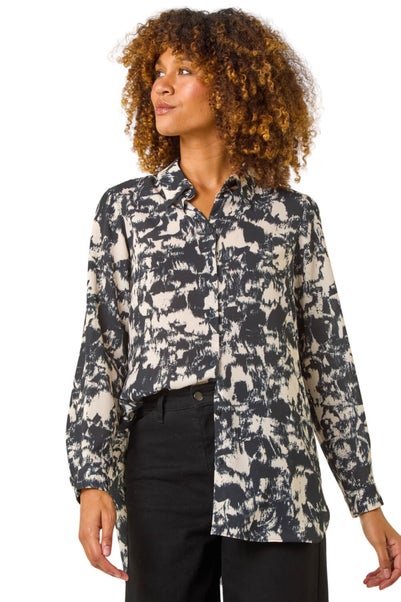 Roman Black Abstract Print Collar Button Detail Blouse