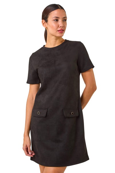 Roman Black Suedette Button Shift Stretch Dress