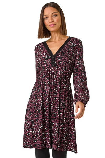 Roman Burgundy Ditsy Floral Button Detail Dress