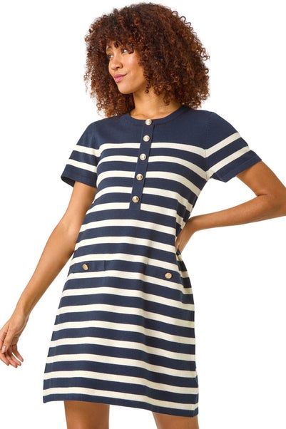 Roman Navy Stripe Button A-Line Knit Dress