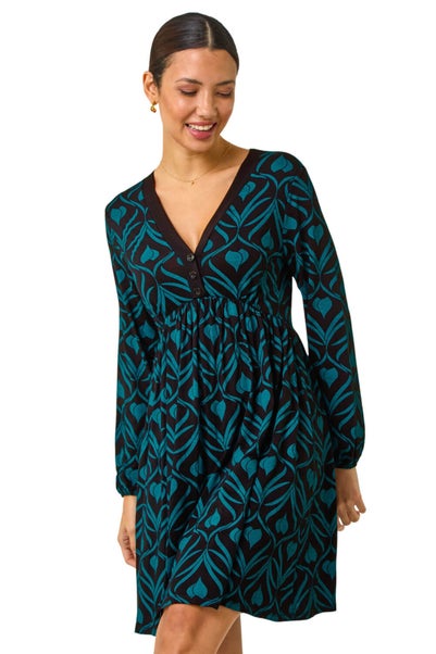 Roman Blue Geo Print Button Detail Stretch Dress