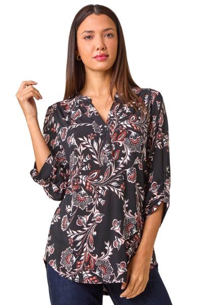 Roman Coral Floral Print Stretch Shirt