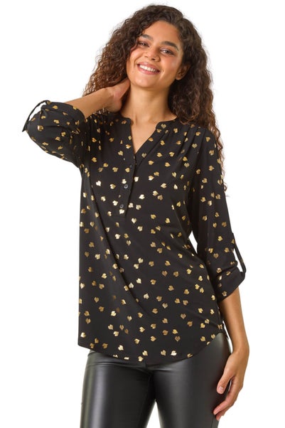 Roman Gold Foil Heart Placket Stretch Top