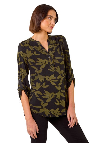 Roman Khaki Leaf Print Buttoned Stretch Shirt