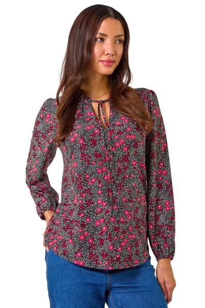 Roman Pink Floral Print Tie Neck Stretch Top