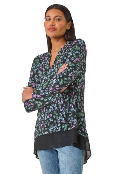 Roman Black Floral Print V-Neck Tunic Top