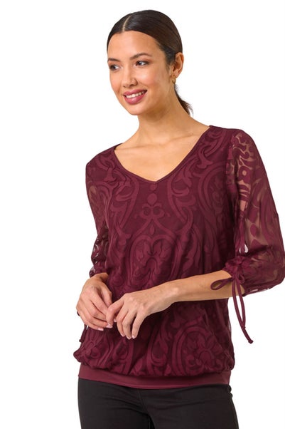 Roman Burgundy Burnout Print V-Neck Overlay Mesh Top