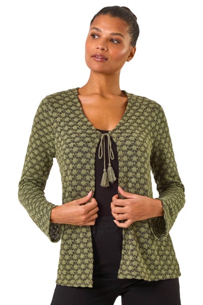 Roman Khaki Metallic Knit Tie Front Cardigan