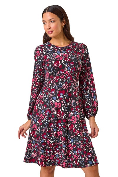 Roman Pink Floral Print Ruched Stretch Dress