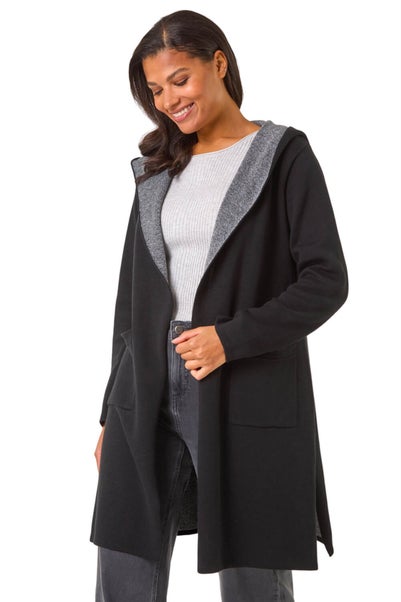 Roman Black Contrast Hooded Longline Cardigan