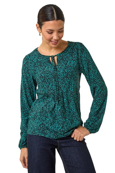 Roman Teal Printed Tie Neck Top