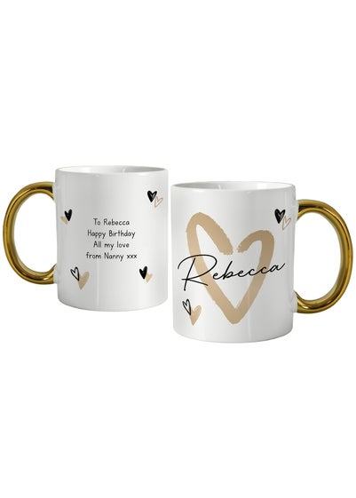 Personalised Memento Company White Hearts Gold Handled Mug