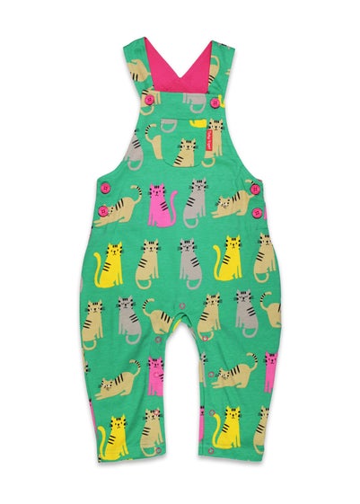 Toby Tiger Organic Green Kitten Print Dungarees (3  months - 4 years)