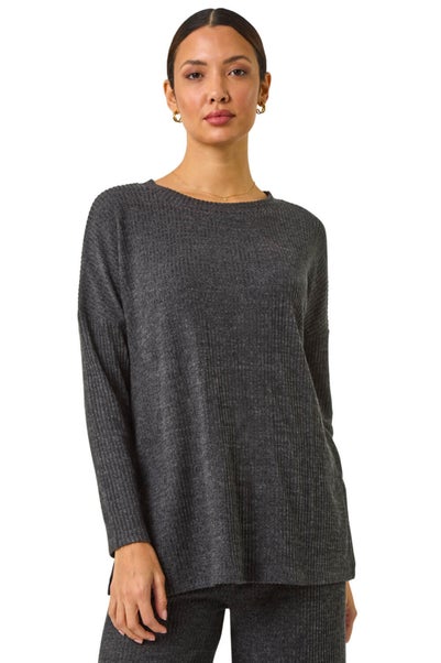 Roman Charcoal Relaxed Ribbed Side Split Top