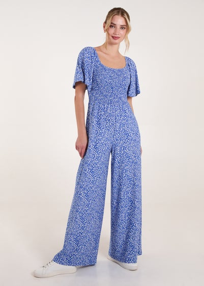 Blue Vanilla Blue Square Neck Shirred Waist Angel Sleeve Wide Leg Jumpsuit