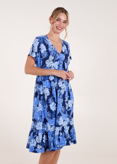 Blue Vanilla Blue Tropical V Neck Smock Style Tunic Dress