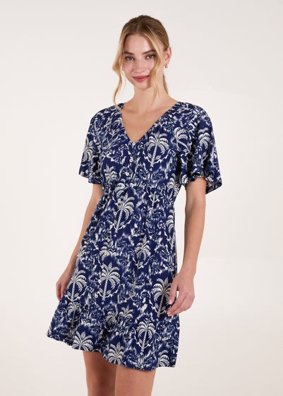 Blue Vanilla Navy Button Through Elastic Waist Tropical Mini Dress