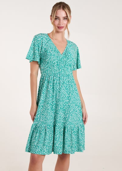 Blue Vanilla Green Ditsy Printed Angel Sleeve Elasticated V Neck Dress