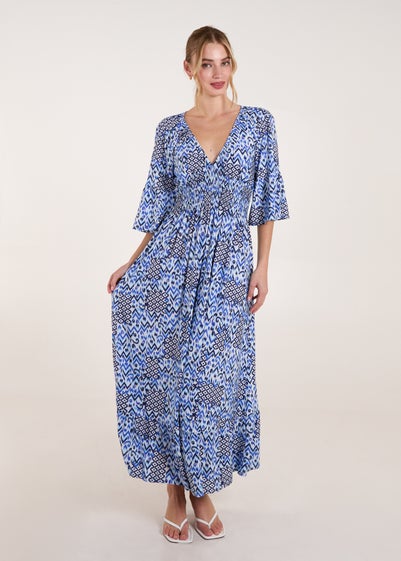 Blue Vanilla Blue Abstract Elasticated Neck Shirred Waist Maxi Dress