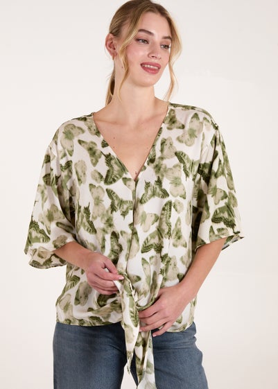 Blue Vanilla Green Tie Front Watercolour Butterfly Printed Top
