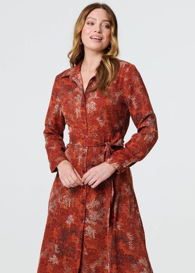 Izabel London Orange Leaf Print Tie Waist Midi Shirt Dress