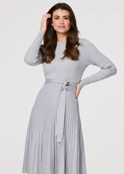 Izabel London Silver Pleated Tie Waist Ribbed Knit Midi Dress