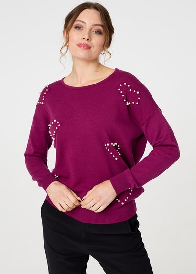 Izabel London Purple Heart Embellished Boat Neck Jumper