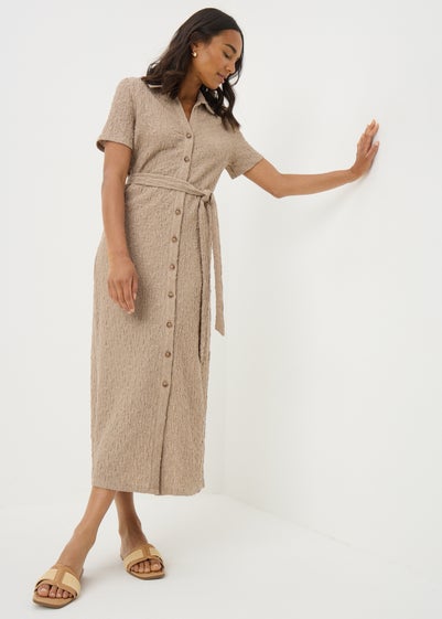 Nude Textured Midi Shirt Dress