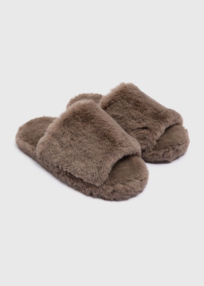 Grey Faux Fur Platform Slide Slippers