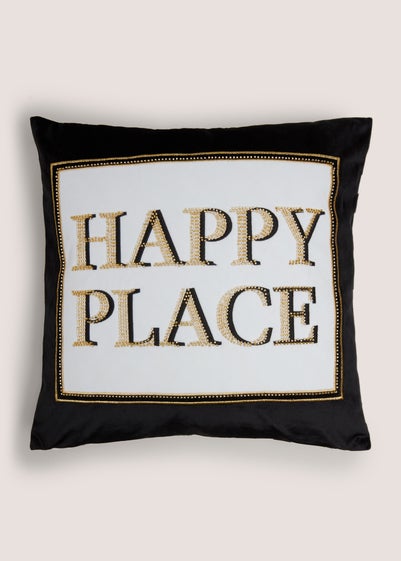 Embroidered Mono Happy Place Cushion