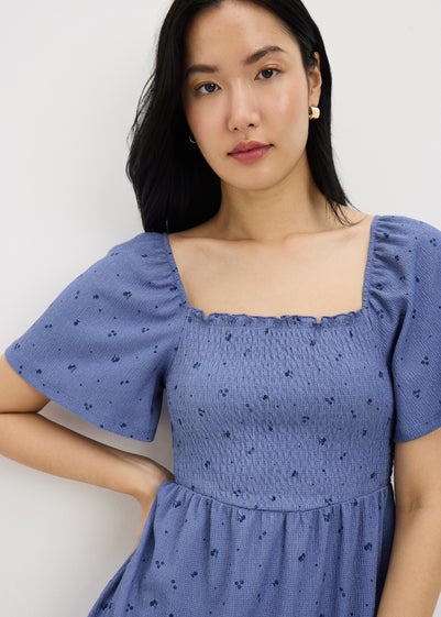 Blue Ditsy Floral Shirred Mini Dress