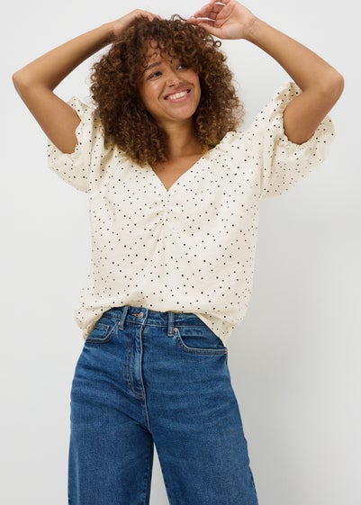 Cream Spot Print Puff Sleeve Blouse