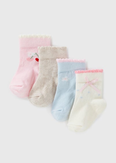 4 Pack Baby Multicolour Cherry Flower Socks (Newborn-24mths)