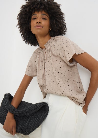 Beige Spot Print Tie Neck Blouse