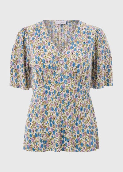 Green Floral Plisse Top