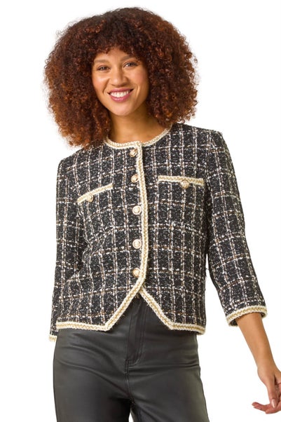 Roman Black Textured Check Button Front Pocket Jacket