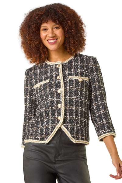 Roman Black Textured Check Button Front Pocket Jacket