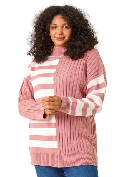 Roman Pink Curve Contrast Stripe High Neck Jumper
