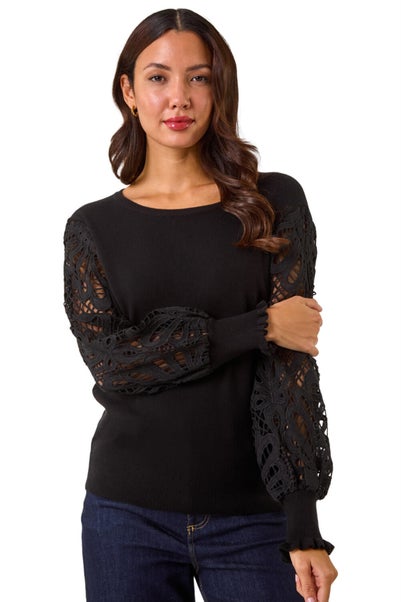 Roman Black Lace Sleeve Knit Jumper