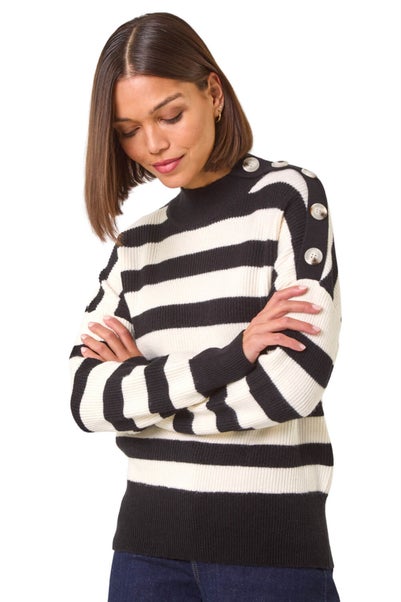 Roman Black Button Shoulder Detail Stripe Knit Jumper