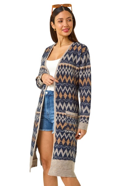 Roman Denim Patterned Belted Knit Cardigan