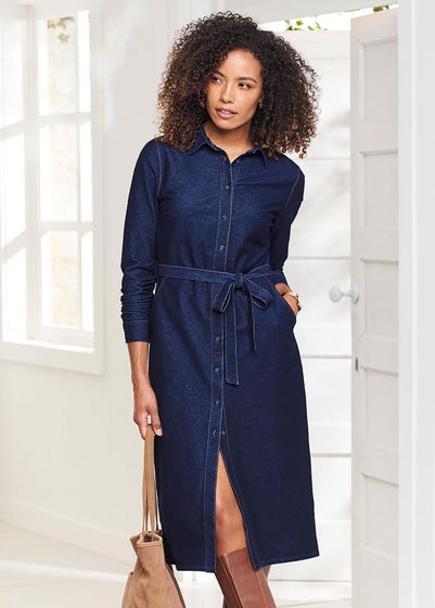 Cotton Traders Dark Blue Jersey Denim Midi Shirt Dress