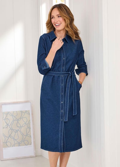 Cotton Traders Pale Blue Jersey Denim Midi Shirt Dress