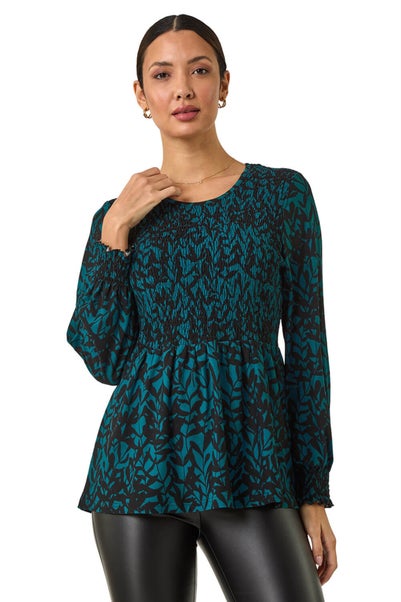 Roman Teal Abstract Printed Shirred Tunic Top