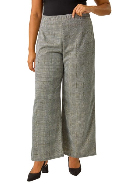 Roman Grey Curve Checked Elastic Waist Wide Leg Trouser