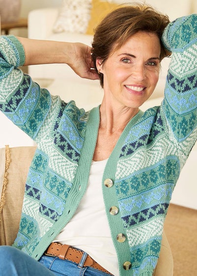 Cotton Traders Dusty Jade Fair Isle Button Cardigan