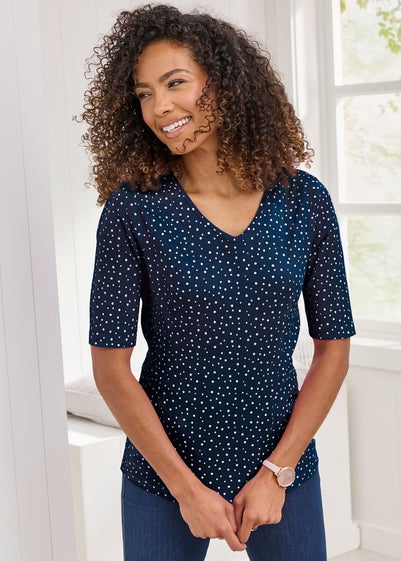 Cotton Traders Navy Wrinkle Free Spot Print Top