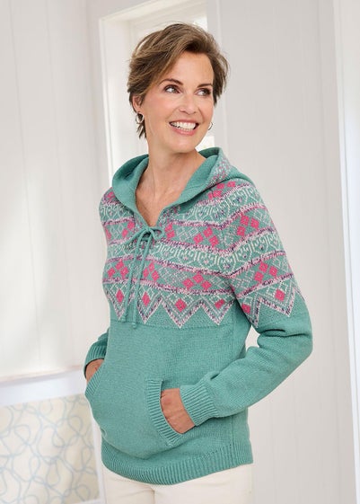 Cotton Traders Light Teal Fair Isle Hooded Jumper